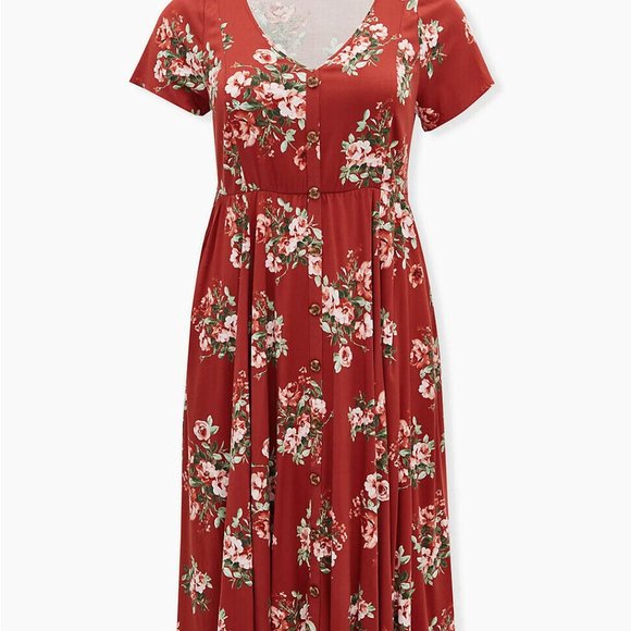 New Torrid Red Terracotta Floral Challis Button Midi Dress - Picture 4 of 4